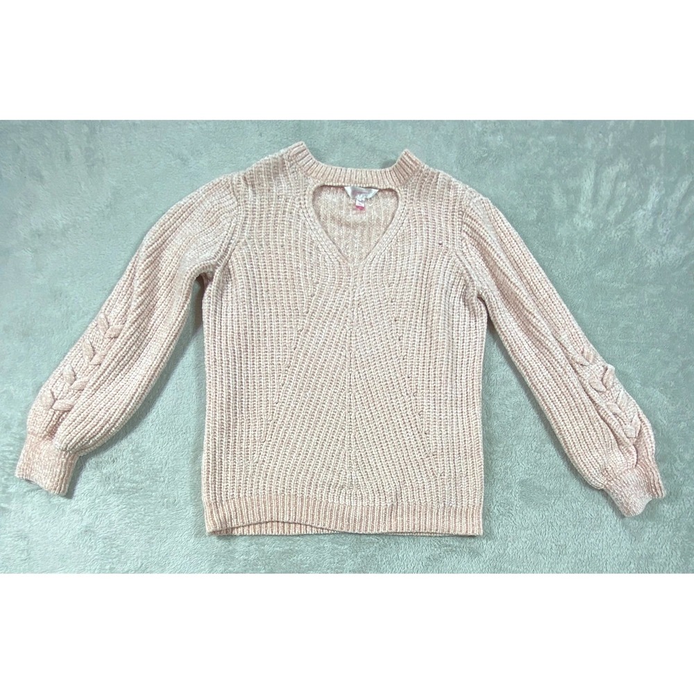 No Boundaries Sweater Womens Medium Pink Chenille Heart Cutout Knit Braided Warm